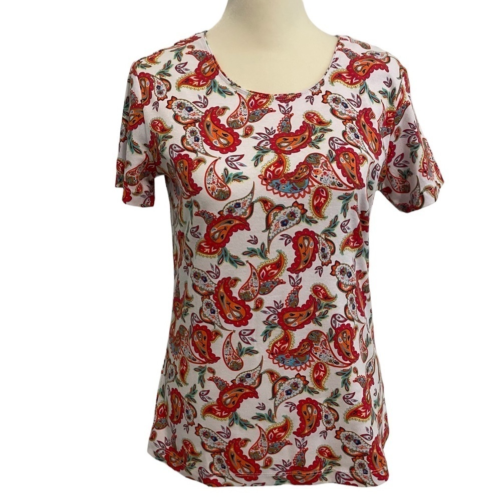 Rebecca Malone White and Red Paisley Print Short Sleeve Shirt Size S